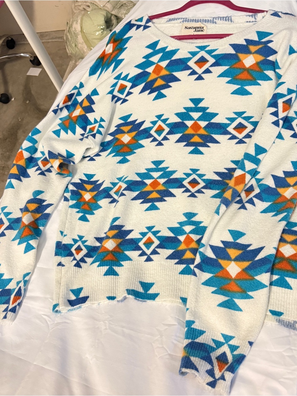 Savanna Jane White Sweater with Teal Blue and Orange Geometric Print